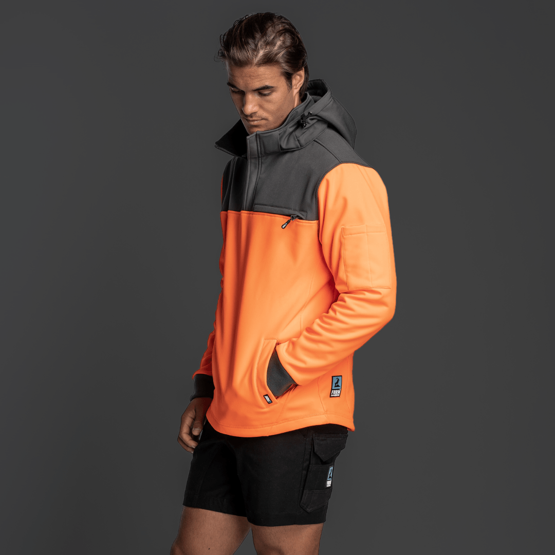 man wearing hi vis orange hoodie
