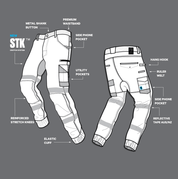 Technical diagram of FB1T hi-vis cuffed work pants showing pockets, elastic cuffs, and STK crotch system