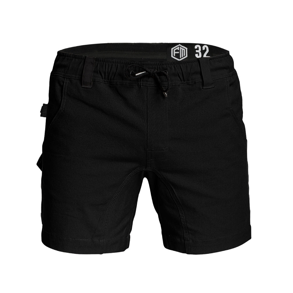Front view of Form Workwear black cargo shorts with elastic waistband and drawstring