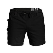 Front view of Form Workwear black cargo shorts with elastic waistband and drawstring