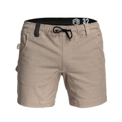 Front view of Form Workwear khaki cargo shorts with elastic waistband and drawstring