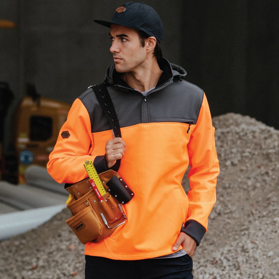 man wearing hi vis orange hoodie