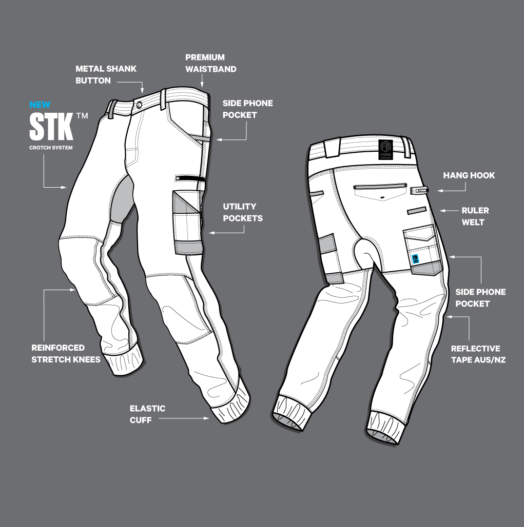 Technical diagram of FB1 hi-vis cuffed work pants with reinforced knees, elastic cuffs, and STK crotch system