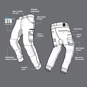 Technical diagram of FB1 hi-vis cuffed work pants with reinforced knees, elastic cuffs, and STK crotch system