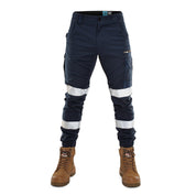 Front view of FB1 navy hi-vis cuffed work pants with reflective tape and cargo pockets