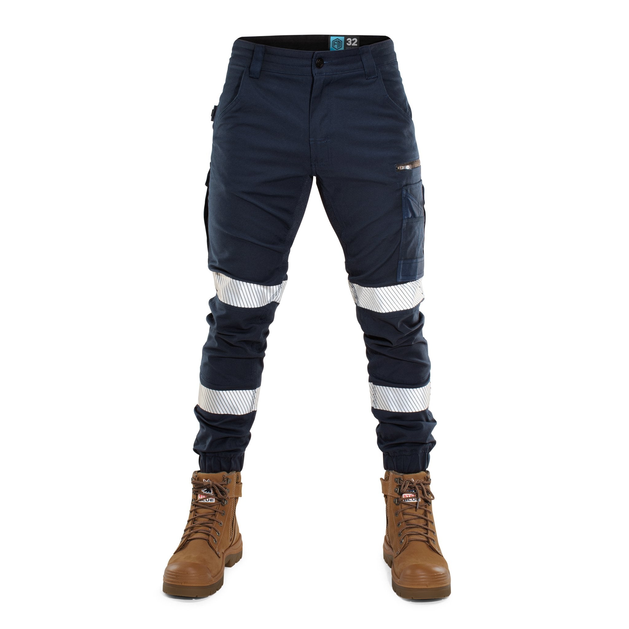 Front view of FB1 navy hi-vis cuffed work pants with reflective tape and cargo pockets