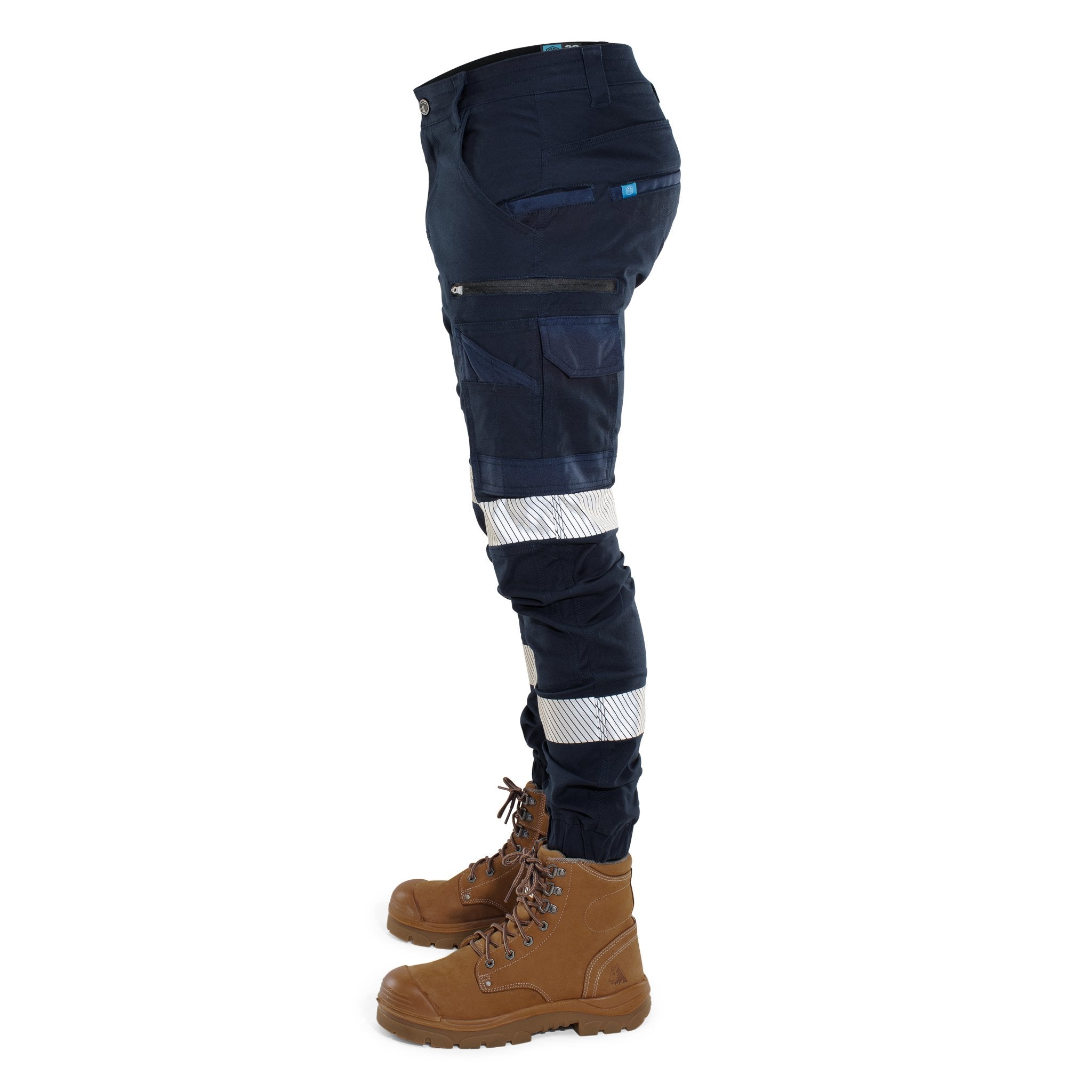 Left side view of FB1 navy hi-vis cuffed work pants with reflective tape and utility pockets