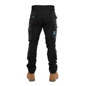 Back view of FB2 black stretch work pants with cargo pockets and cuffed ankles
