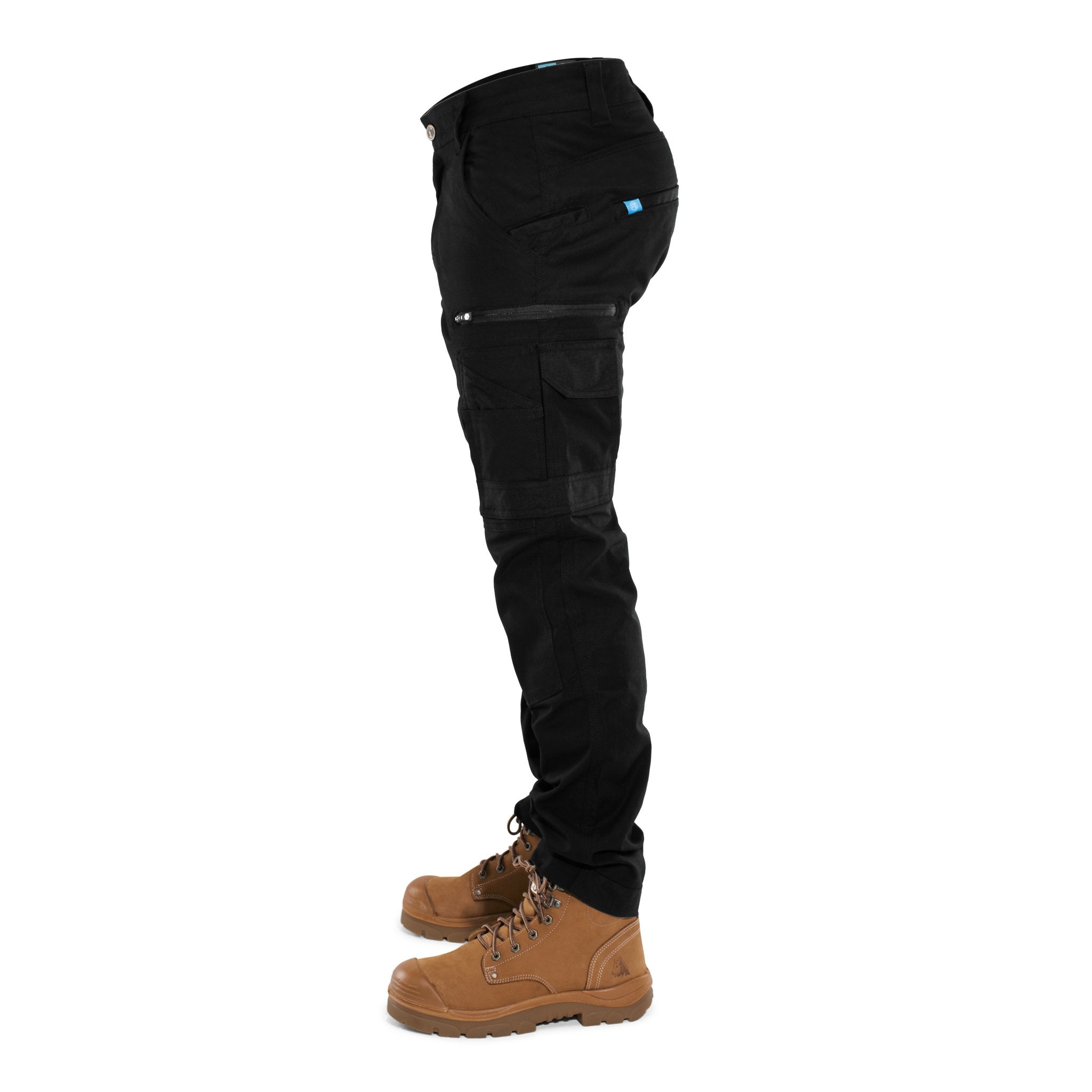 Left side view of FB2 black work pants showing zip pocket and cargo design