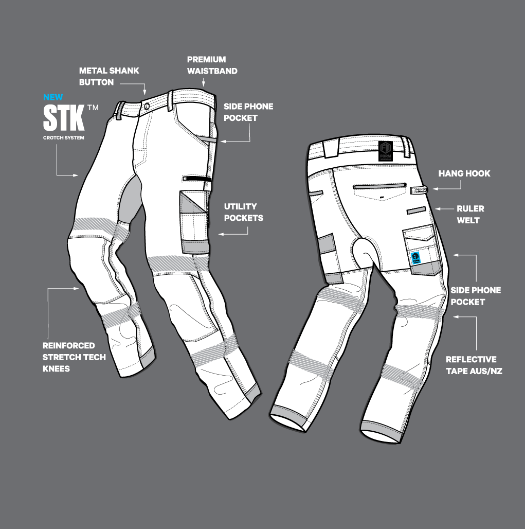 Technical illustration of FB2 hi-vis work pants showing reinforced knees, reflective tape, and utility pocket features