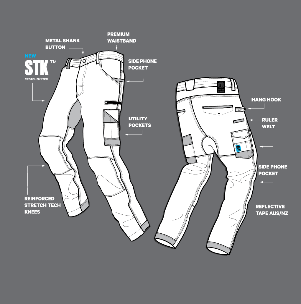 Updated technical drawing of FB2 hi-vis work pants showing pocket layout, STK crotch, and reinforced knees