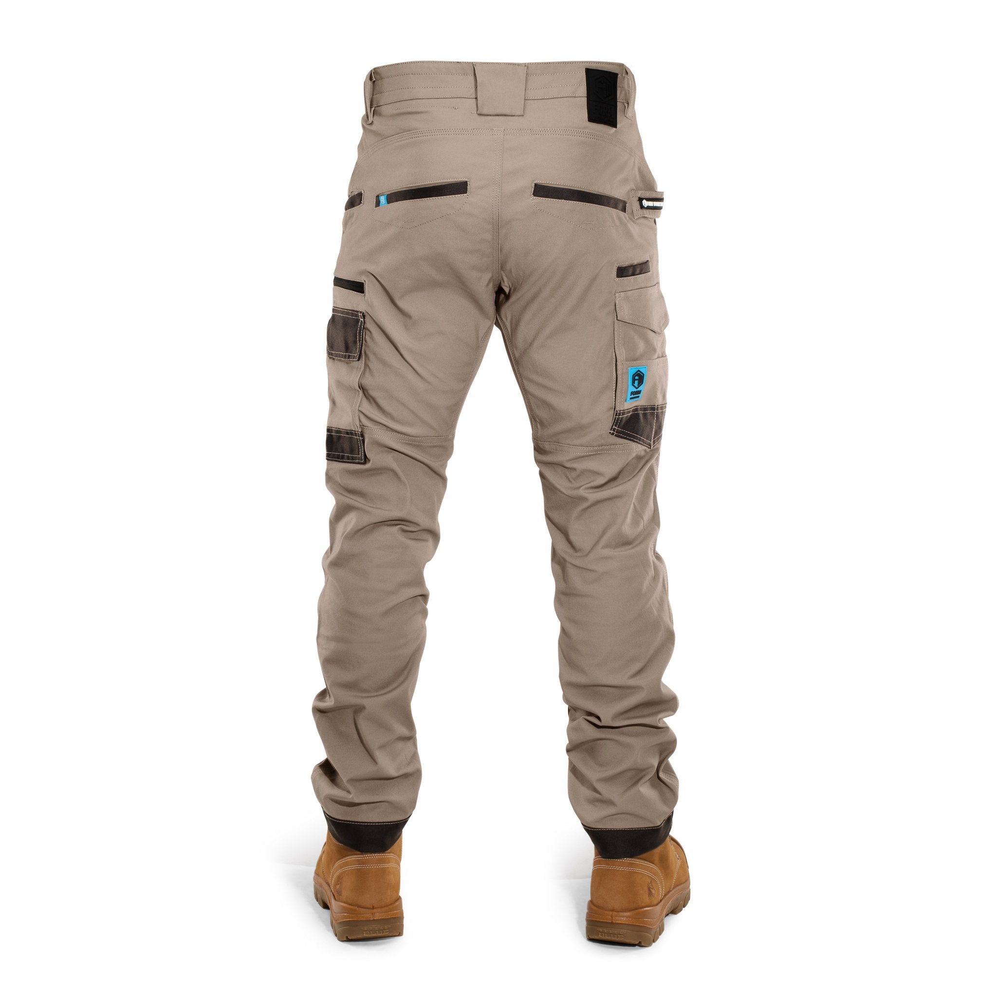 Back view of FB2 khaki stretch work pants with reinforced pockets