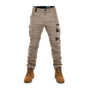 Front view of FB2 khaki stretch work pants with utility pockets