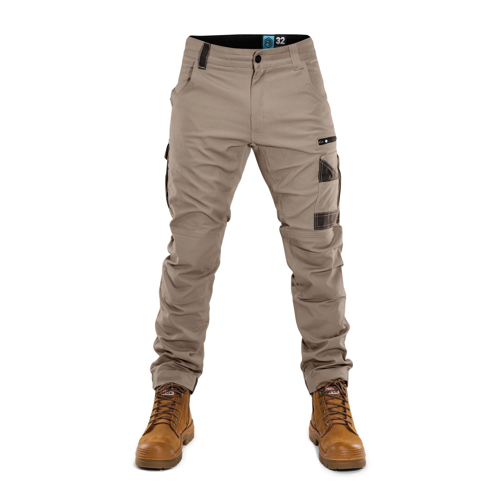 Front view of FB2 khaki stretch work pants with utility pockets