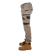Left side view of FB2 khaki work pants showing multi-pocket design and reinforced panels