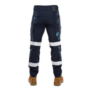 Back view of FB2 navy hi-vis work pants with reflective tape and reinforced cargo pockets