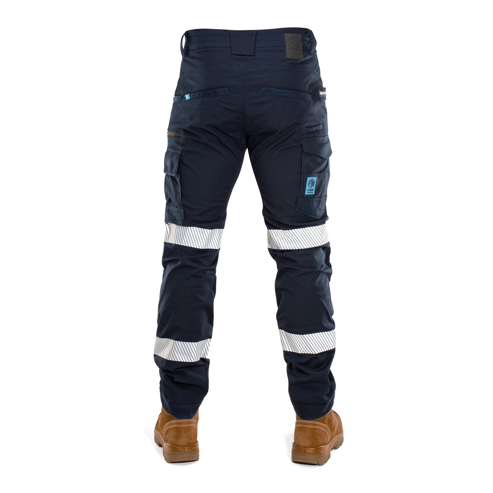 Back view of FB2 navy hi-vis work pants with reflective tape and reinforced cargo pockets