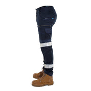 Left side view of FB2 navy hi-vis work pants with reflective tape and cargo pockets