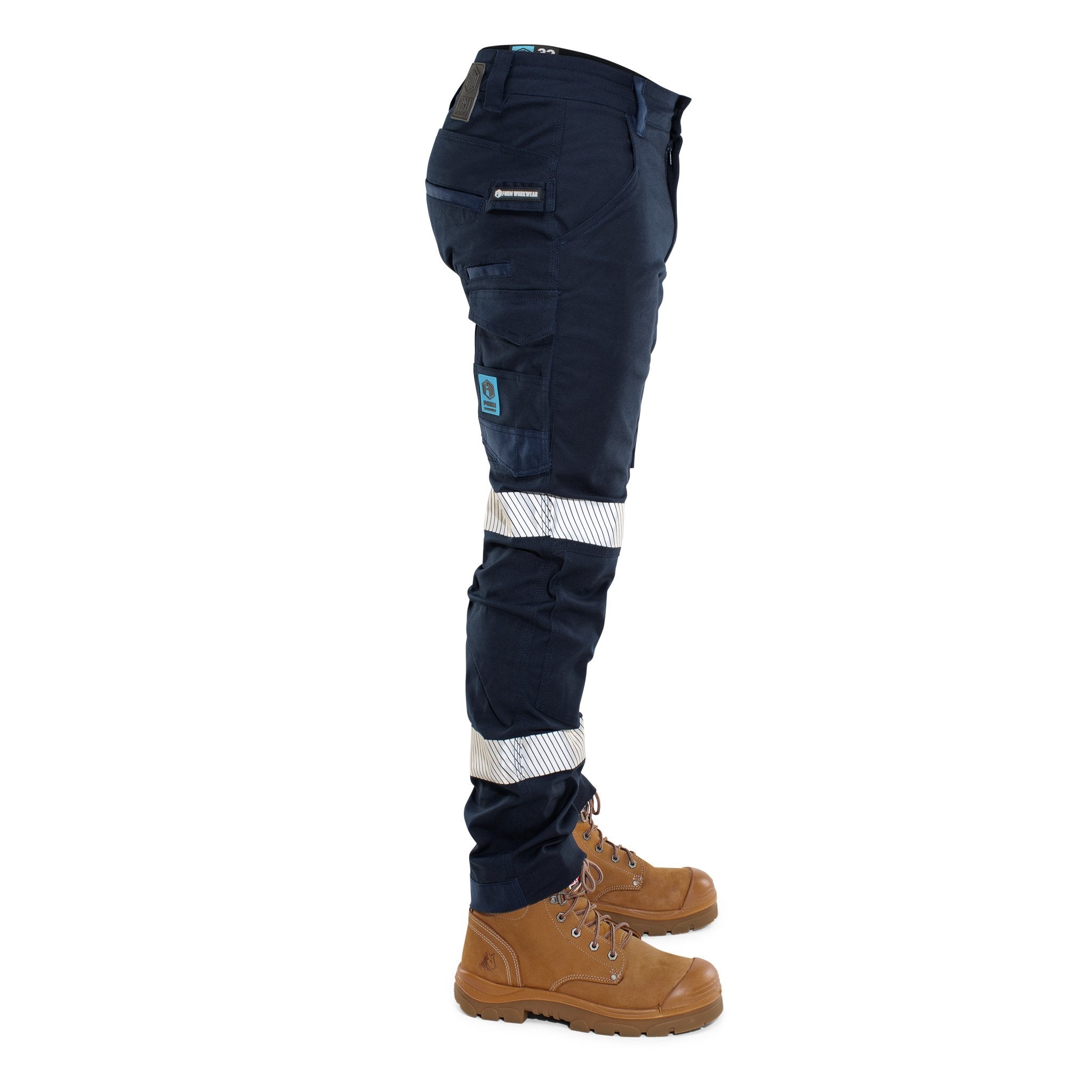 Side view of FB2 navy hi-vis work pants with reflective tape and multi-pocket layout