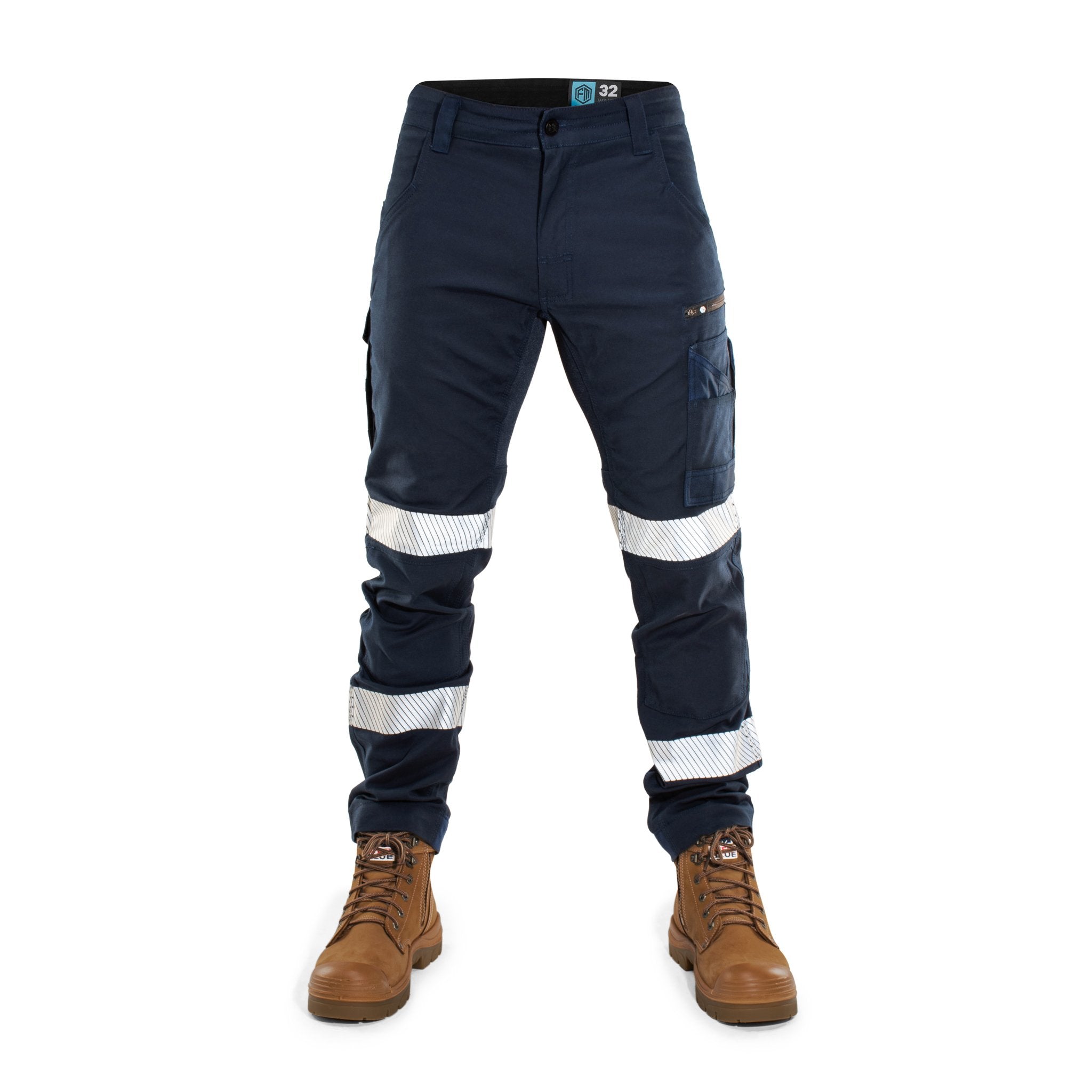 Front view of FB2 navy stretch work pants with reflective tape and cargo pockets