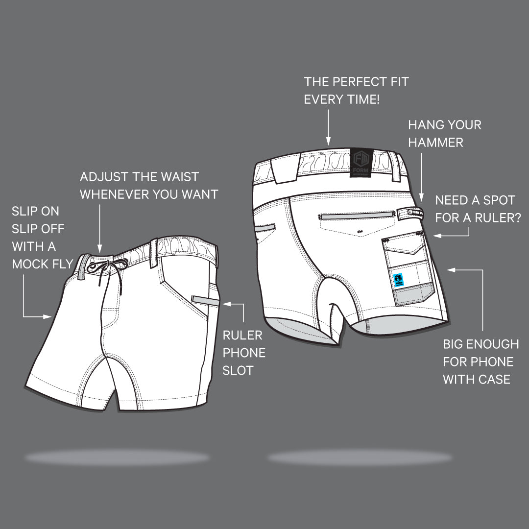 Technical diagram of Form Workwear cargo shorts highlighting features like adjustable waistband, phone slot, hammer loop, and durable pockets