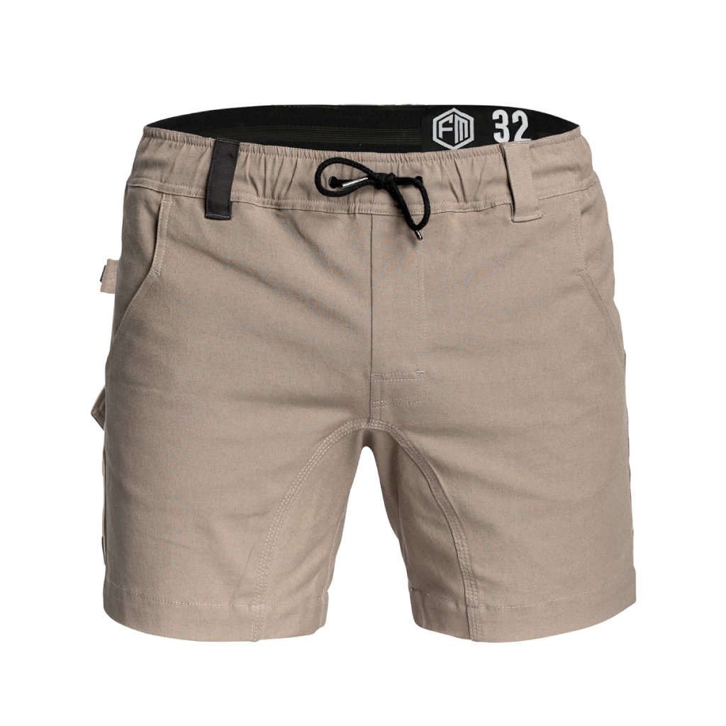 Front view of Form Workwear khaki cargo shorts with elastic waistband and drawstring