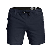 Front view of Form Workwear navy cargo shorts with elastic waistband and drawstring