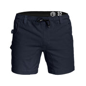 Front view of Form Workwear navy cargo shorts with elastic waistband and drawstring