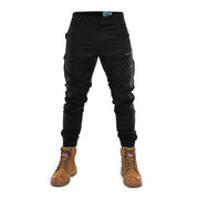 Front view of Form Workwear black cargo pants with multiple pockets and a reinforced design