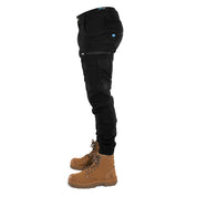 Left side view of Form Workwear black cargo pants highlighting utility pockets and rugged construction