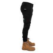 Right side view of Form Workwear black cargo pants with tool storage compartments and reinforced stitching