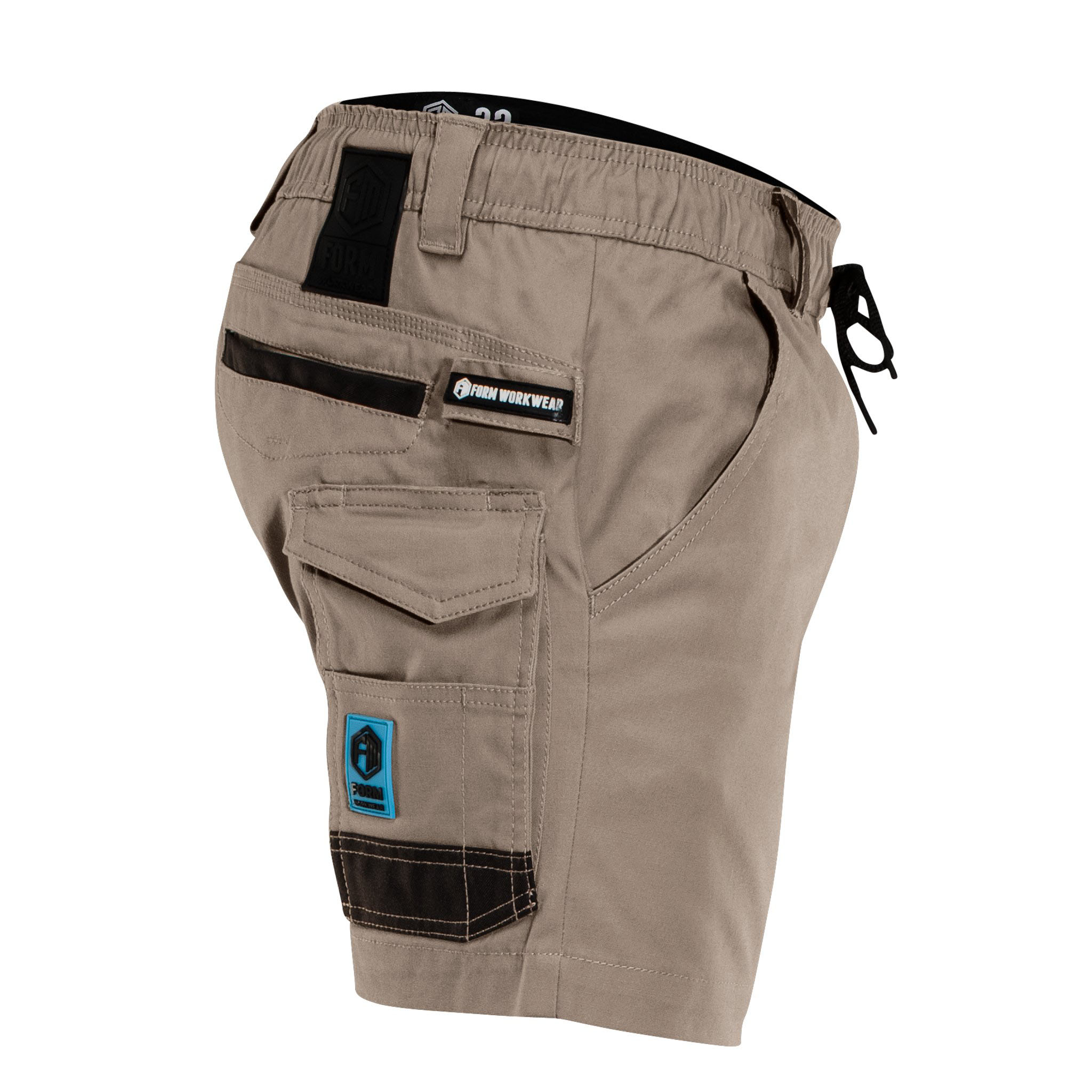 FORM Workwear FB3 khaki work shorts with utility cargo pockets and black detailing, side view