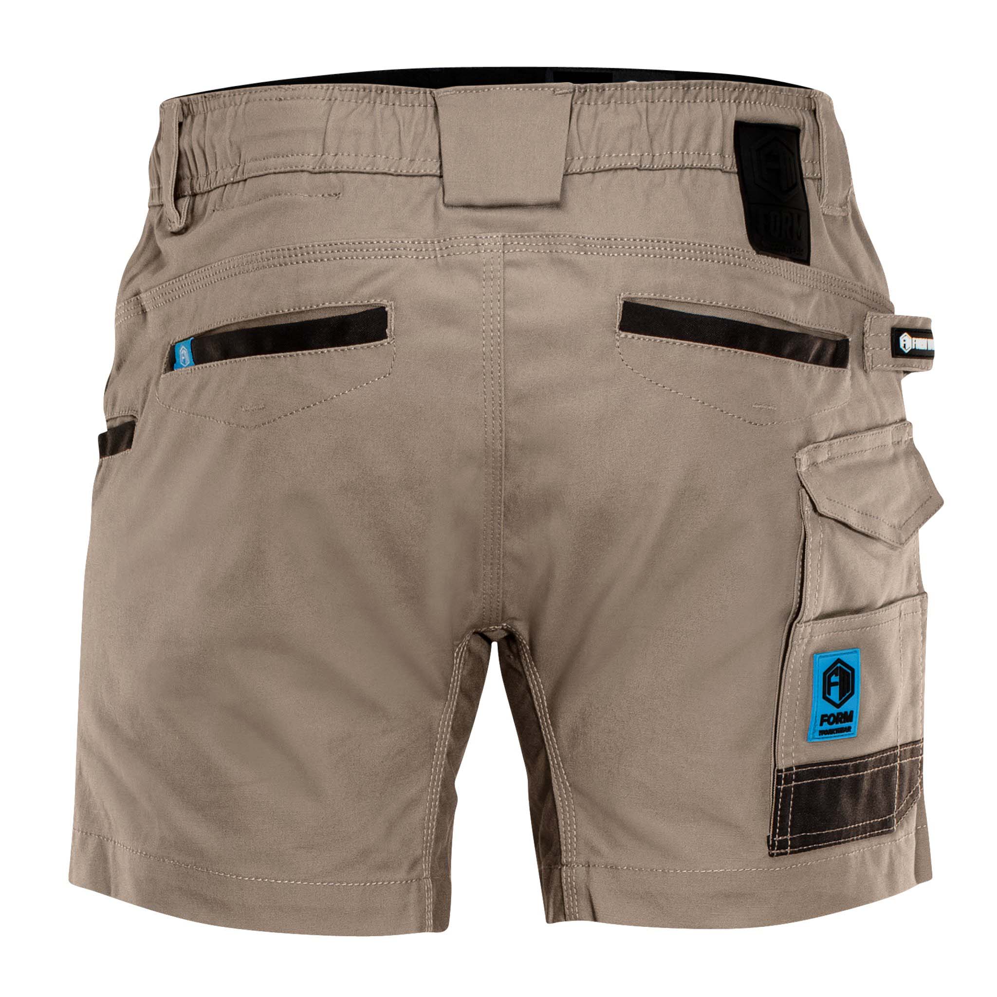 Rear view of FORM Workwear FB3 khaki work shorts featuring dual reinforced back pockets, elastic waistband, and utility side storage