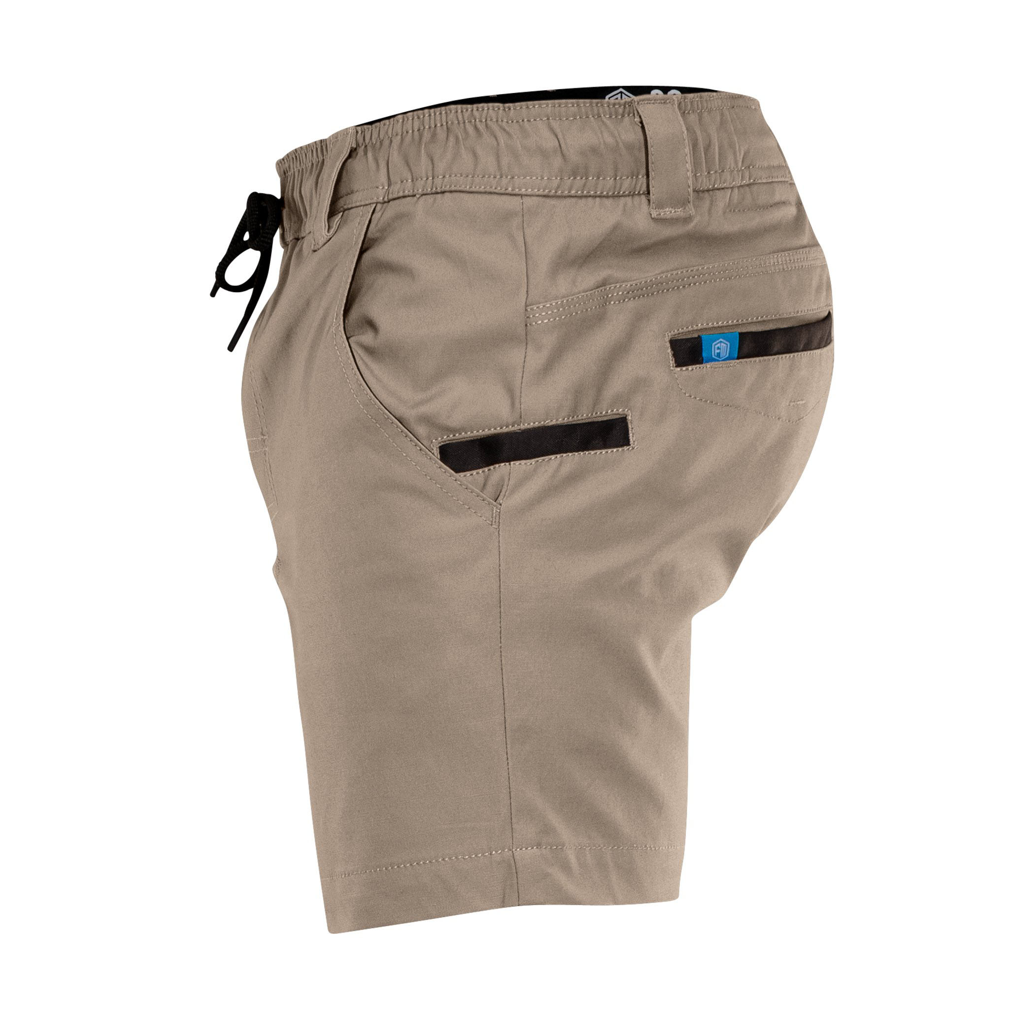 FORM Workwear FB3 khaki work shorts rear view, featuring dual black-lined utility pockets and elastic waistband
