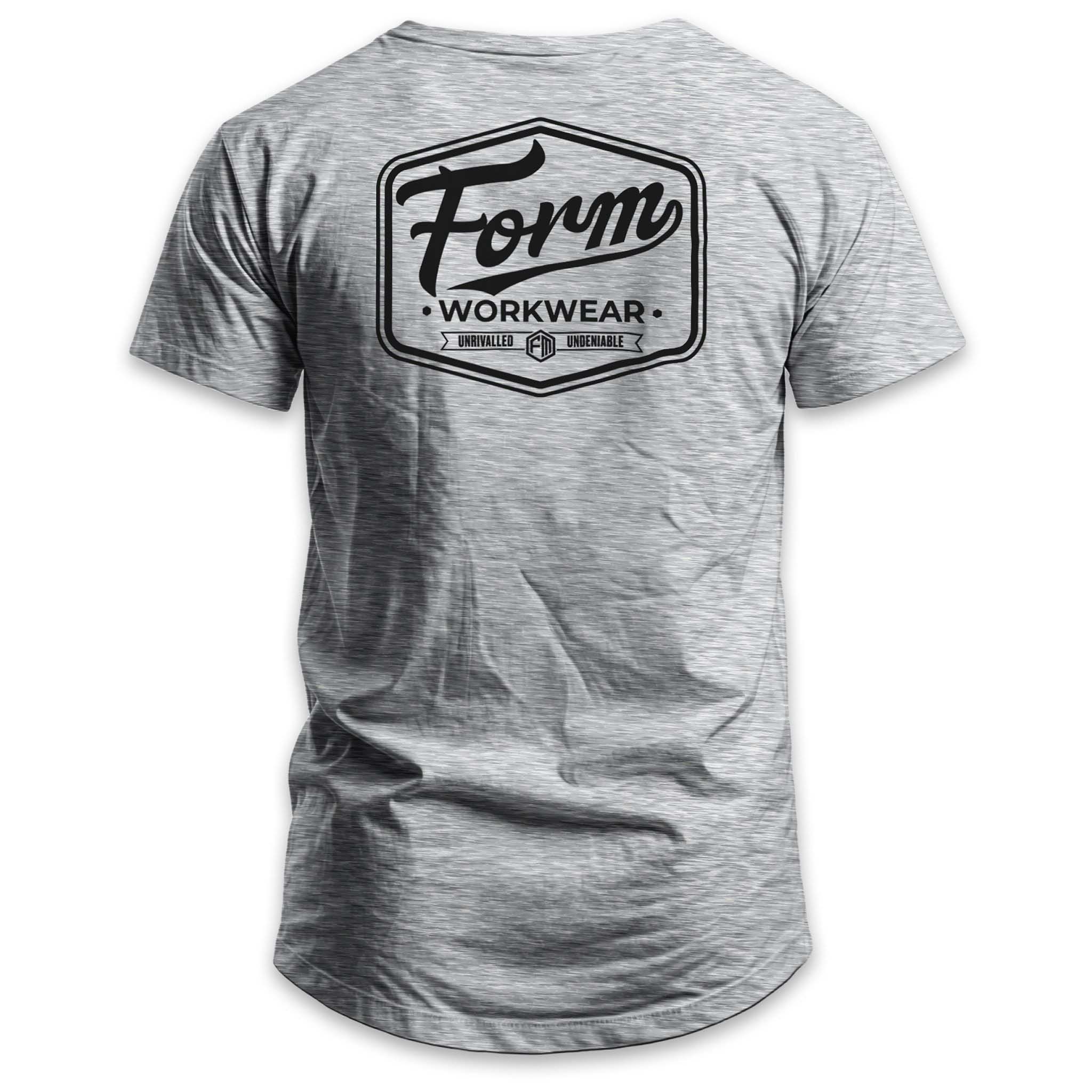 Back view of grey Form Workwear t-shirt featuring large black logo and branding slogan 'Unrivalled, Undeniable