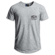 Front view of grey Form Workwear t-shirt featuring a small black chest logo and curved hem.