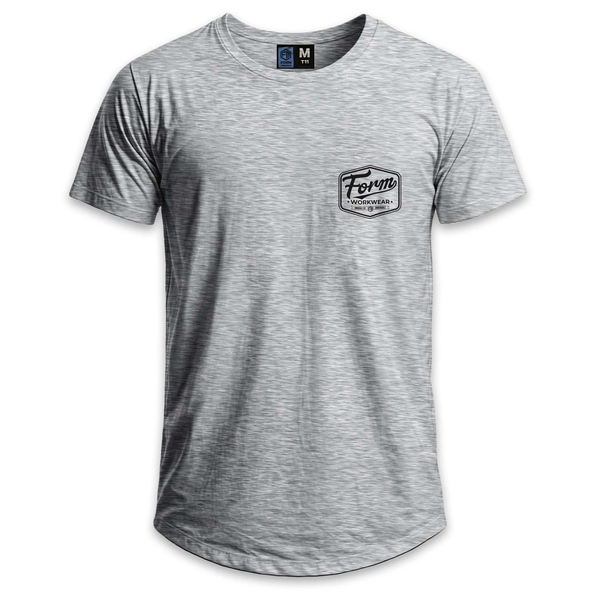 Front view of grey Form Workwear t-shirt featuring a small black chest logo and curved hem.