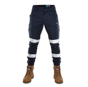 Front view of Form Workwear navy cargo pants with reflective tape, featuring multiple tool pockets and rugged construction