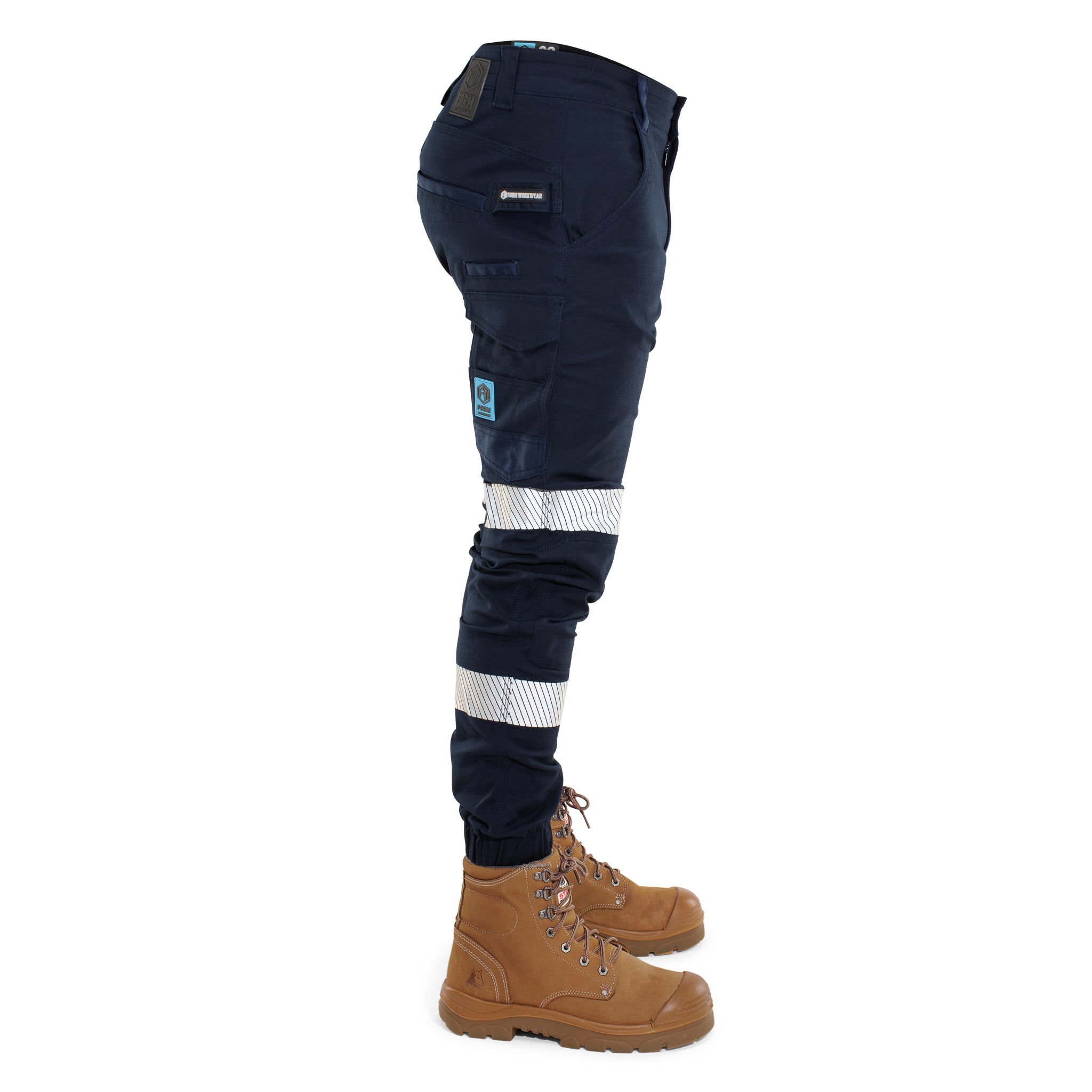 Right side view of Form Workwear hi-vis navy cargo pants with reflective tape, designed for safety and utility on job sites