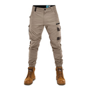 Front view of Form Workwear khaki cargo pants with stretch fabric and reinforced knee panels