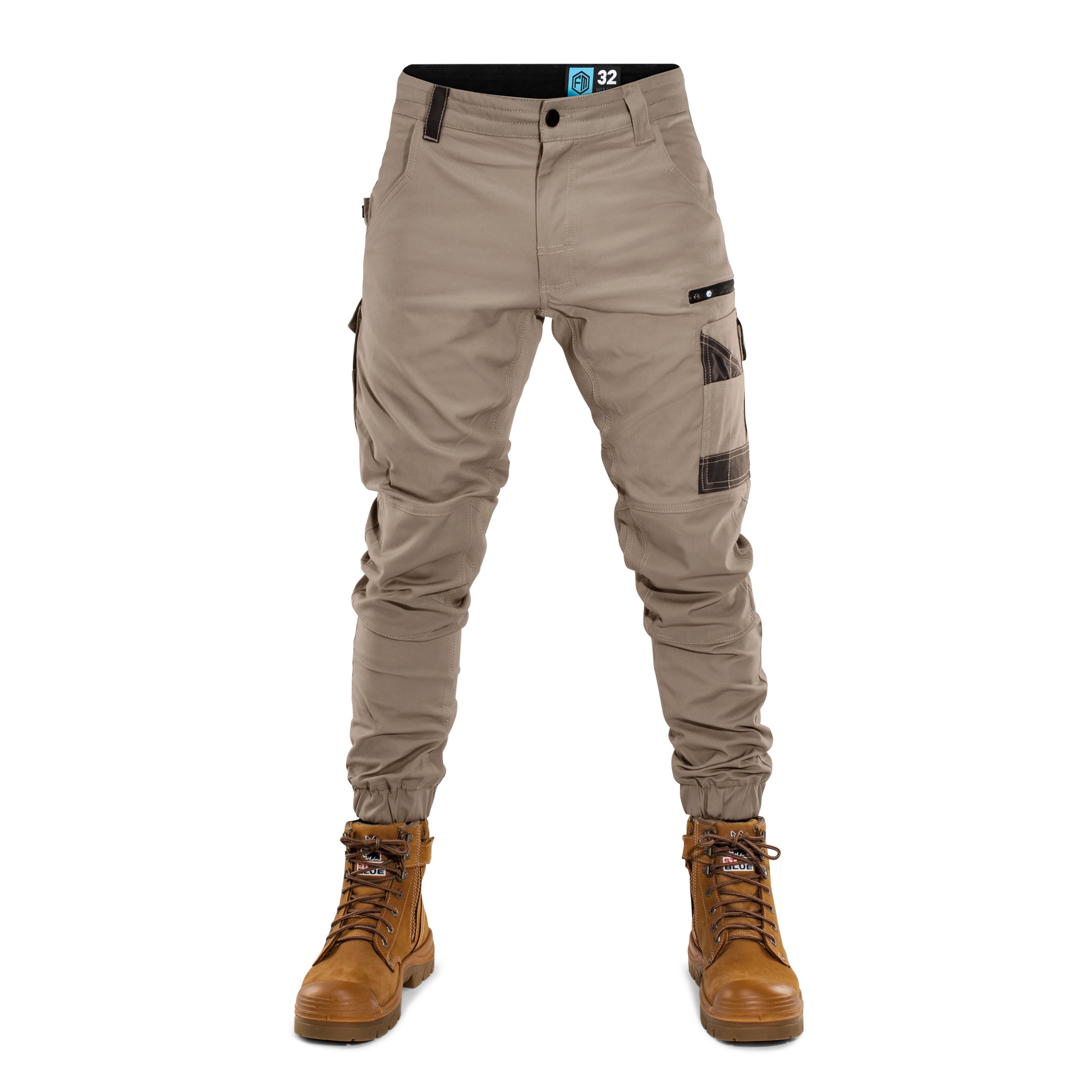 Front view of Form Workwear khaki cargo pants with stretch fabric and reinforced knee panels