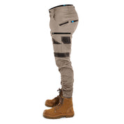 Left side view of Form Workwear khaki cargo pants with tool pockets and zippered compartments