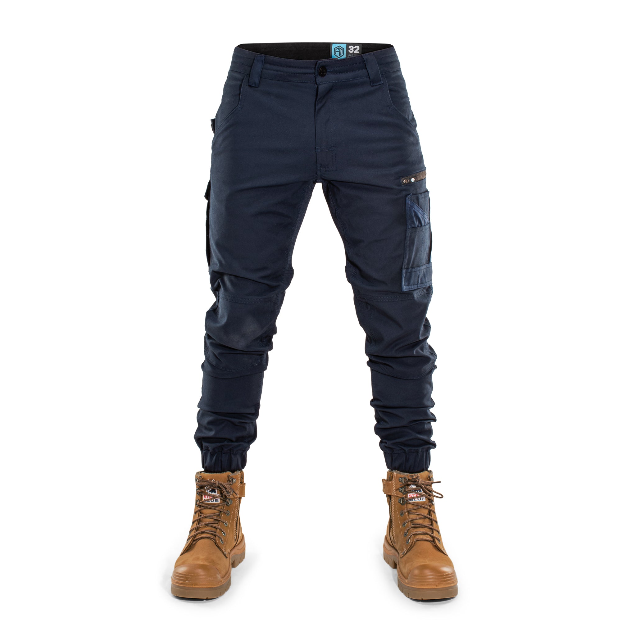 Front view of Form Workwear navy cargo pants featuring a modern tapered fit and rugged utility pockets