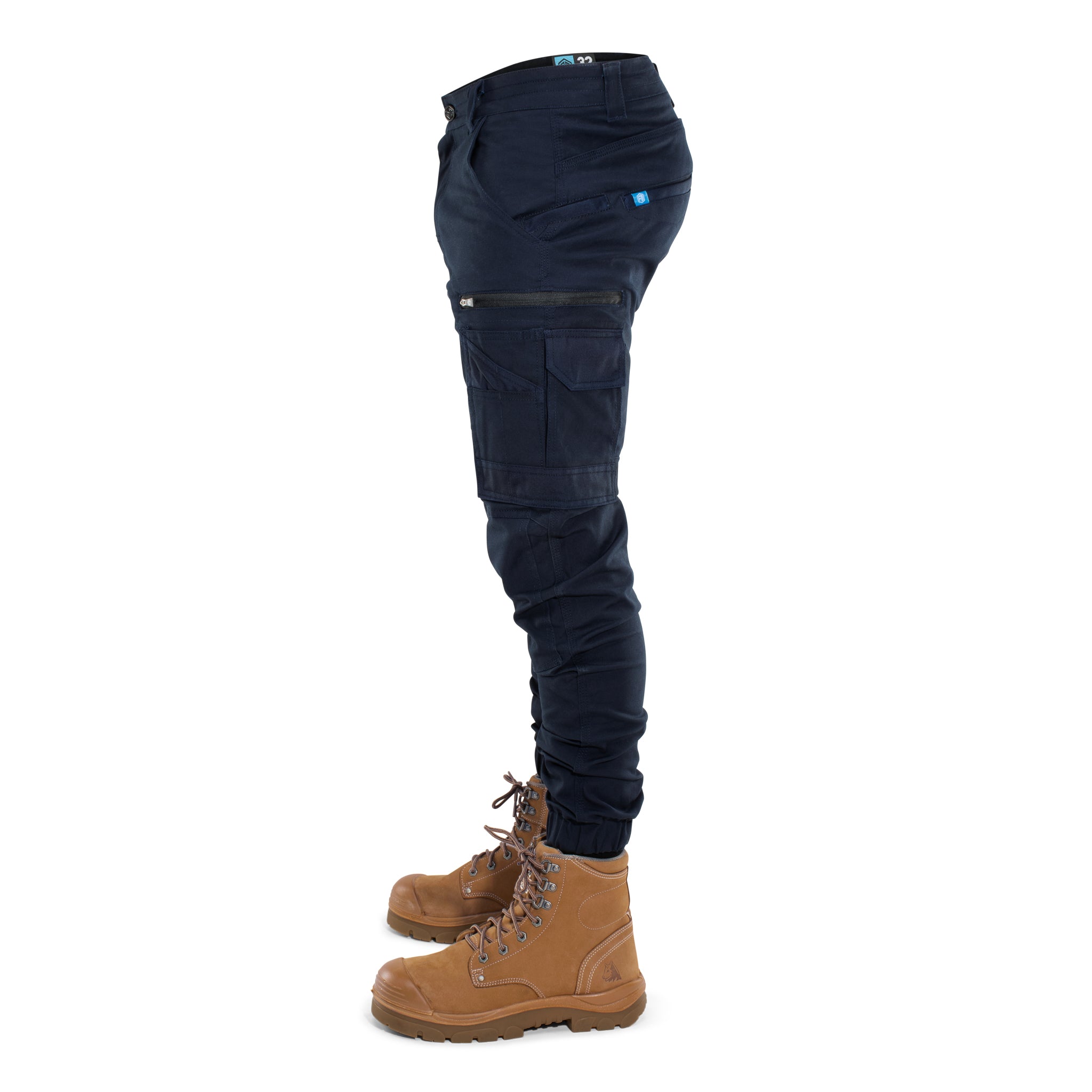 Left side view of Form Workwear navy cargo pants highlighting reinforced panels and secure storage pockets