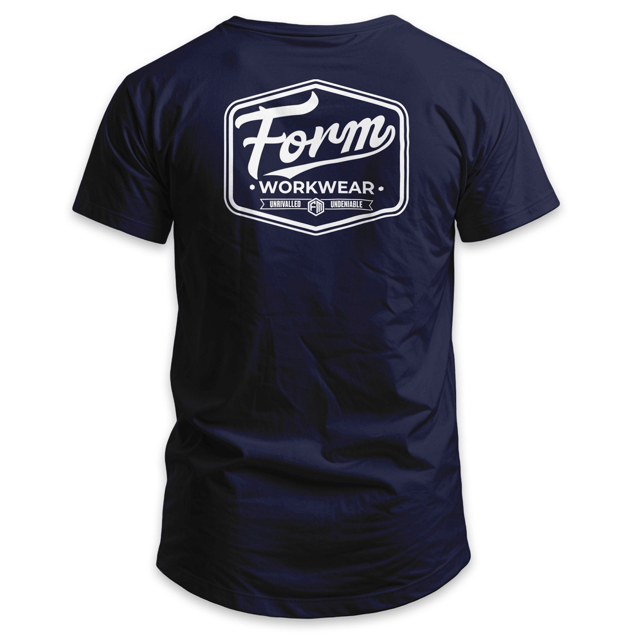 Back view of navy Form Workwear t-shirt featuring bold white logo and slogan 'Unrivalled – Undeniable