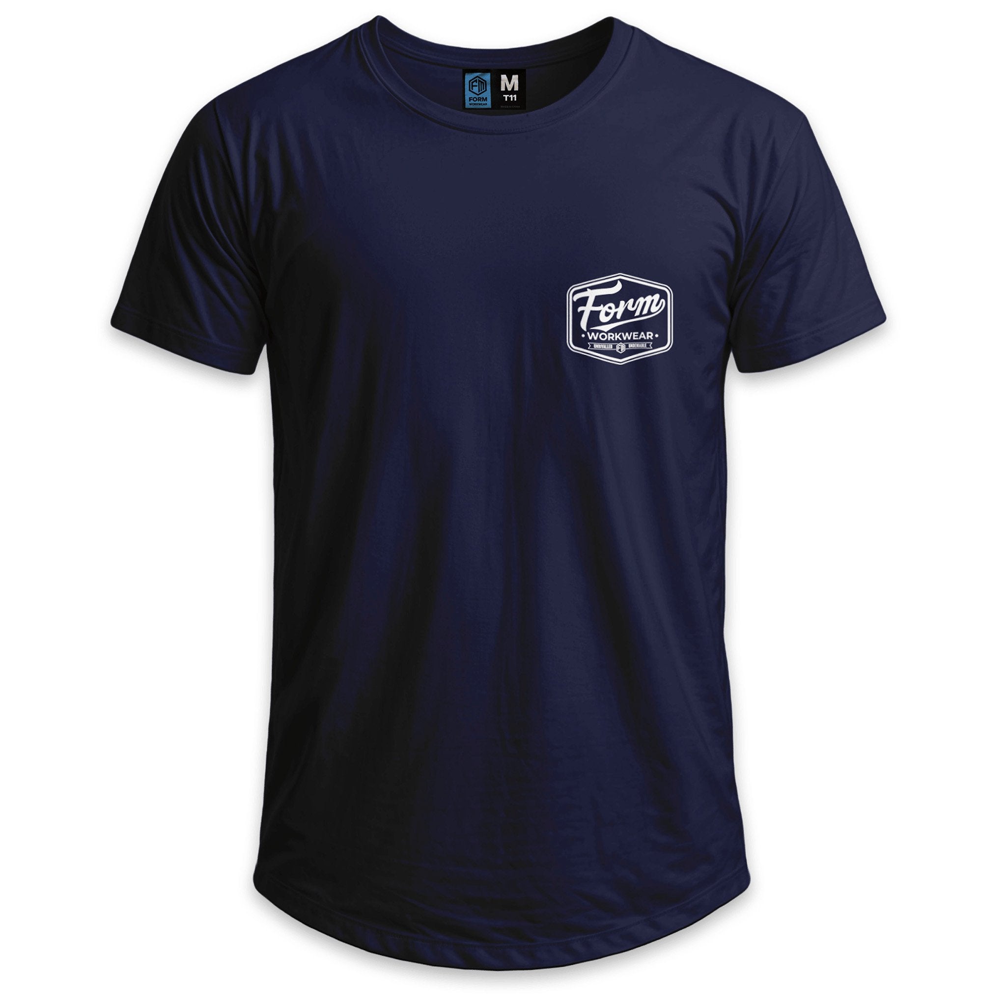 Front view of navy Form Workwear t-shirt featuring small white logo on the left chest and custom neck tag