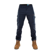 Front view of Form Workwear navy utility work pants with stretch fit and cargo pocket detailing