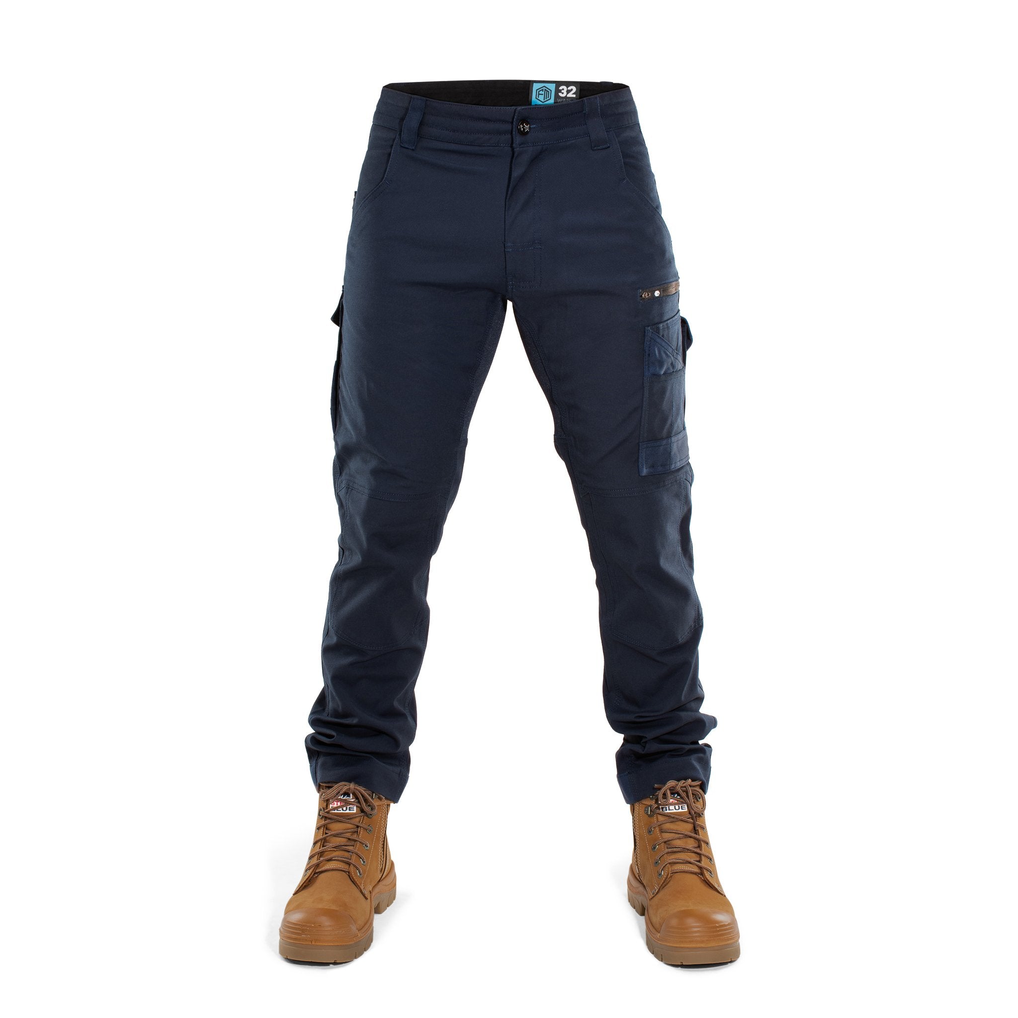 Front view of Form Workwear navy utility work pants with stretch fit and cargo pocket detailing