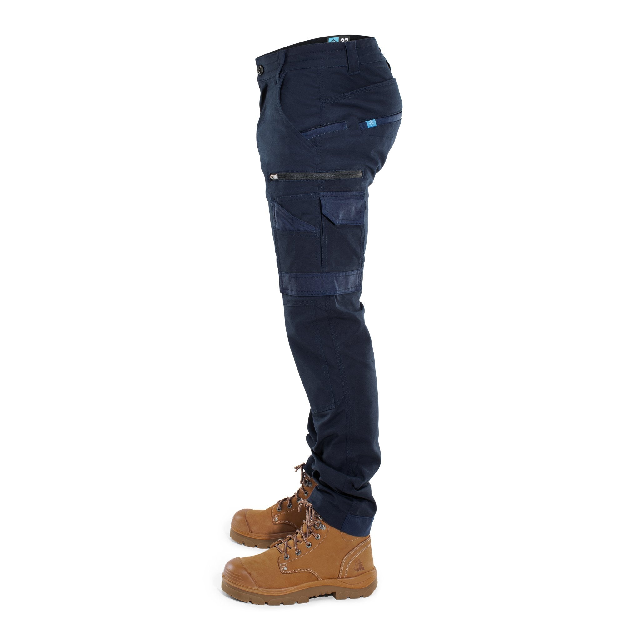 Left side view of Form Workwear navy work pants with multifunction pockets and articulated knee panels