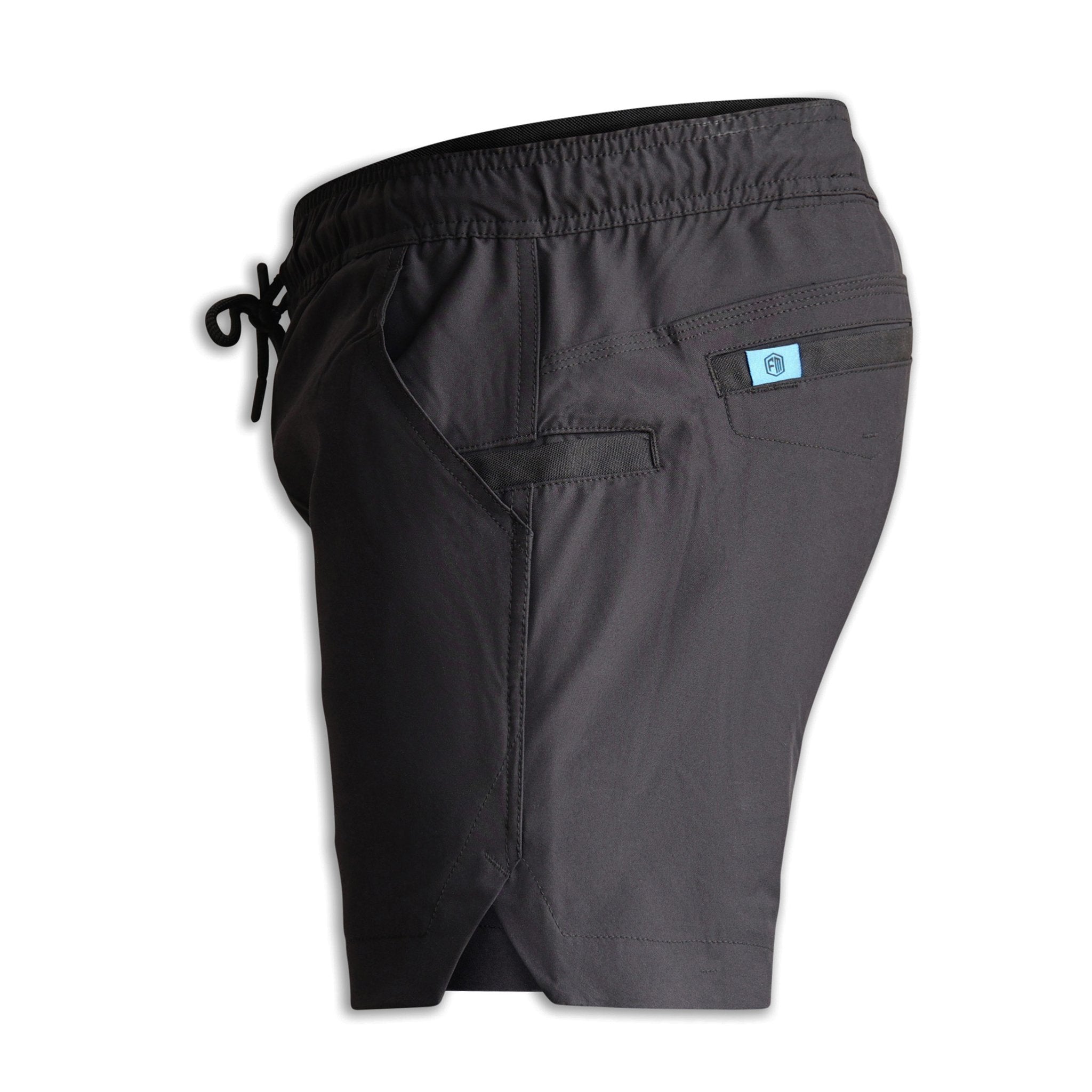 Left side view of FORM Workwear S4 black work shorts with utility pocket